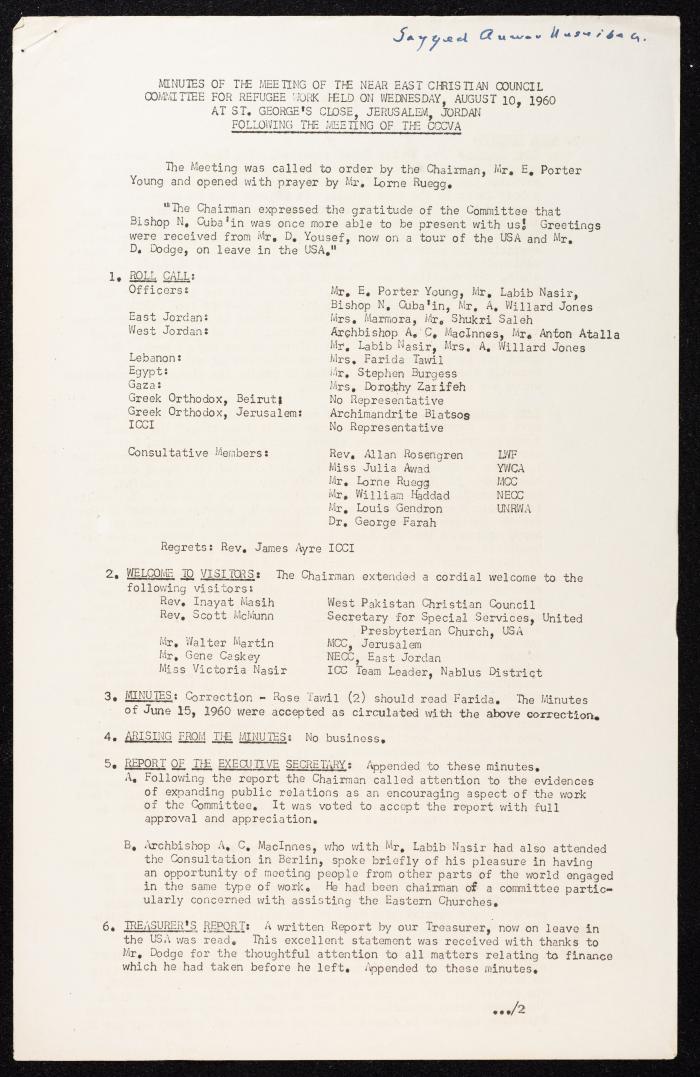 Meeting Minutes of the Committee for Refugee Work of the Near East Christian Council, Jerusalem, 10 August 1960