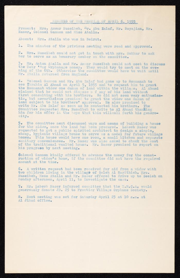 Meeting Minutes of the Frontier Village Orphans Society, 6 April 1955