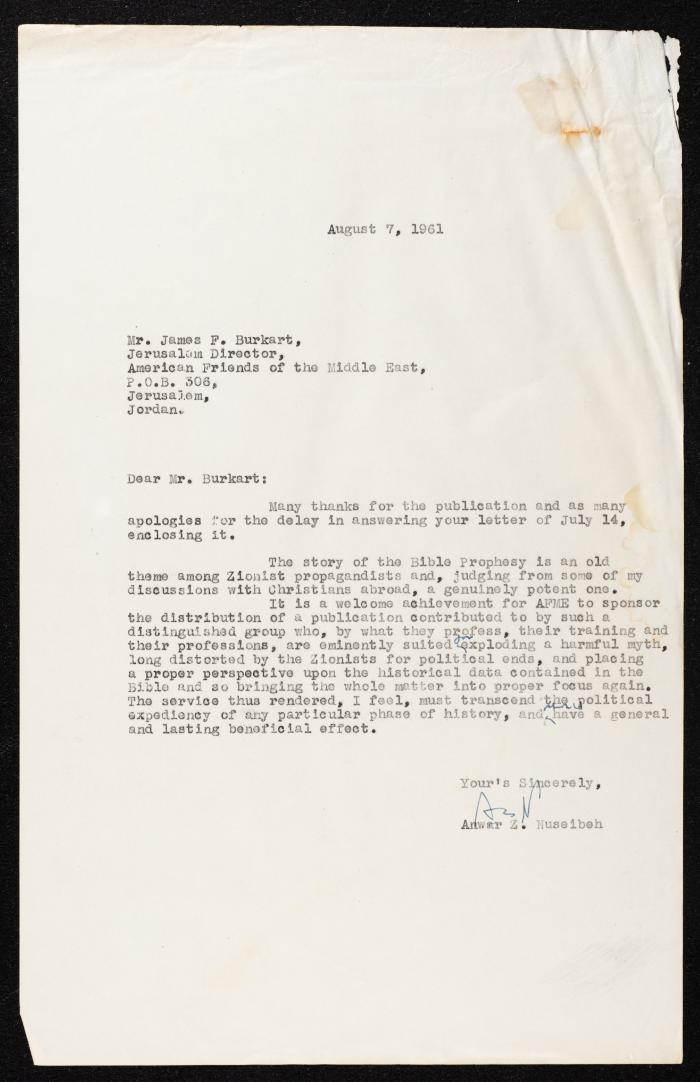 A Letter from Anwar Nusseibeh to the American Friends of the Middle East, 7 August 1961