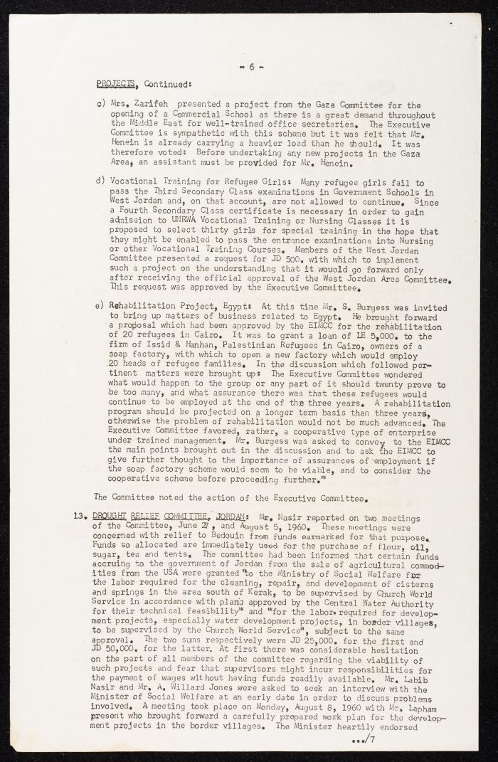 Meeting Minutes of the Committee for Refugee Work of the Near East Christian Council, Jerusalem, 10 August 1960