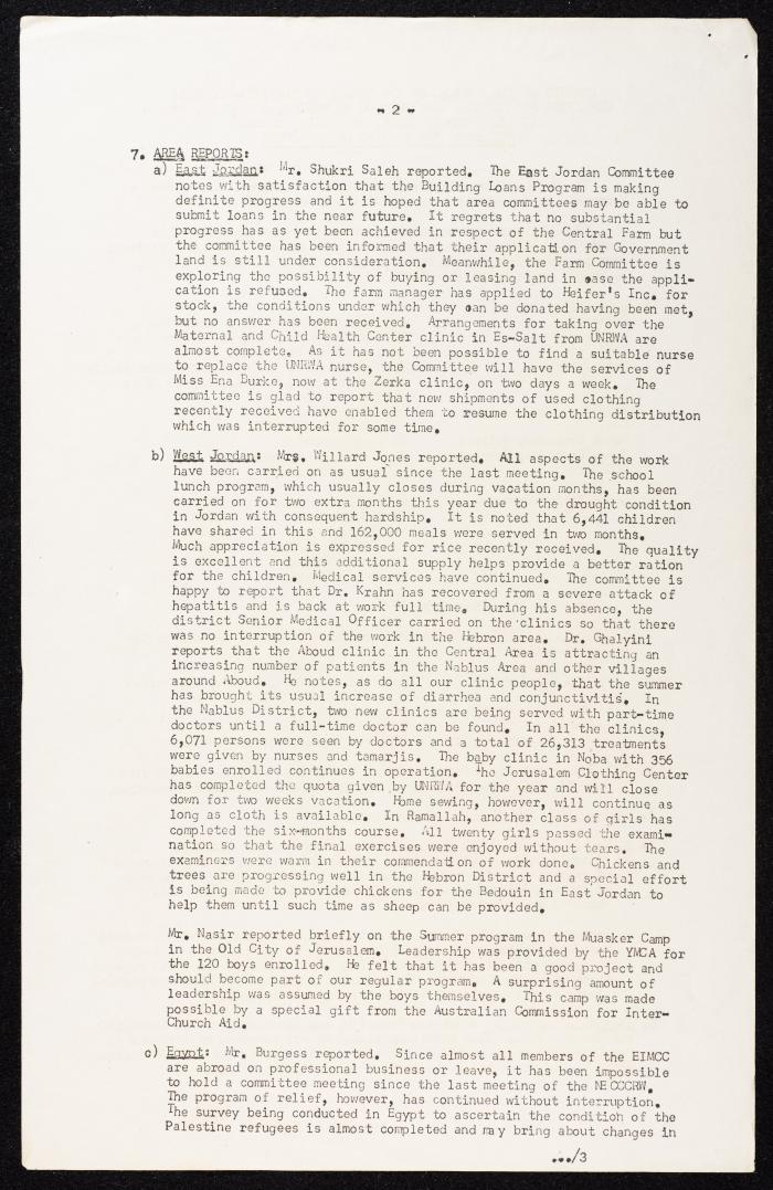 Meeting Minutes of the Committee for Refugee Work of the Near East Christian Council, Jerusalem, 10 August 1960
