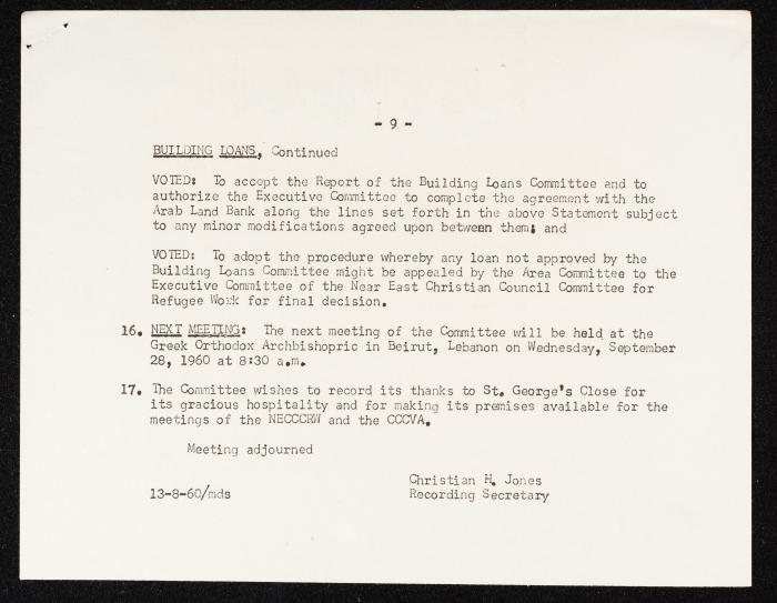 Meeting Minutes of the Committee for Refugee Work of the Near East Christian Council, Jerusalem, 10 August 1960