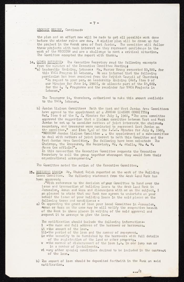 Meeting Minutes of the Committee for Refugee Work of the Near East Christian Council, Jerusalem, 10 August 1960