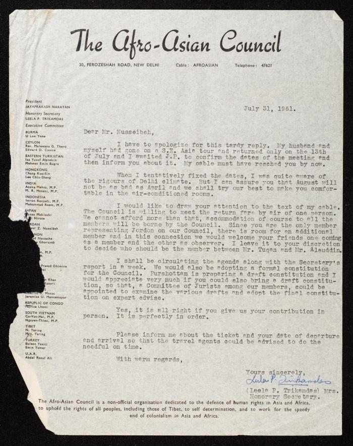 A Letter from Leela Trikamadas to Anwar Nusseibeh, New Delhi, 31 July 1961