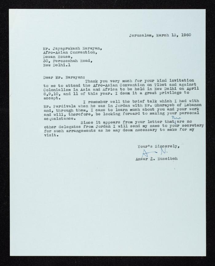 A Letter from Anwar Nusseibeh to Jayaprakash Narayan, Jerusalem, 13 March 1960 