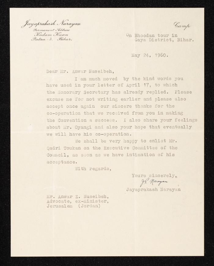 A Letter from Jayaprakash Narayan to Anwar Nusseibeh, India, 25 May 1960 