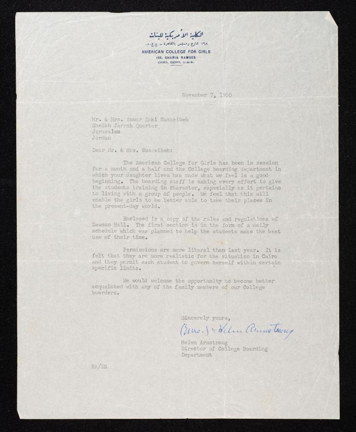 A Letter from Helen Armstrong to Anwar Nusseibeh, Cairo, 7 November 1960