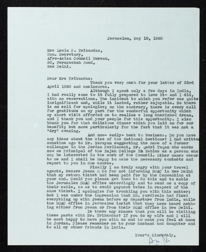 A Letter from Anwar Nusseibeh to Leela Trikamadas, Jerusalem, 19 May 1960