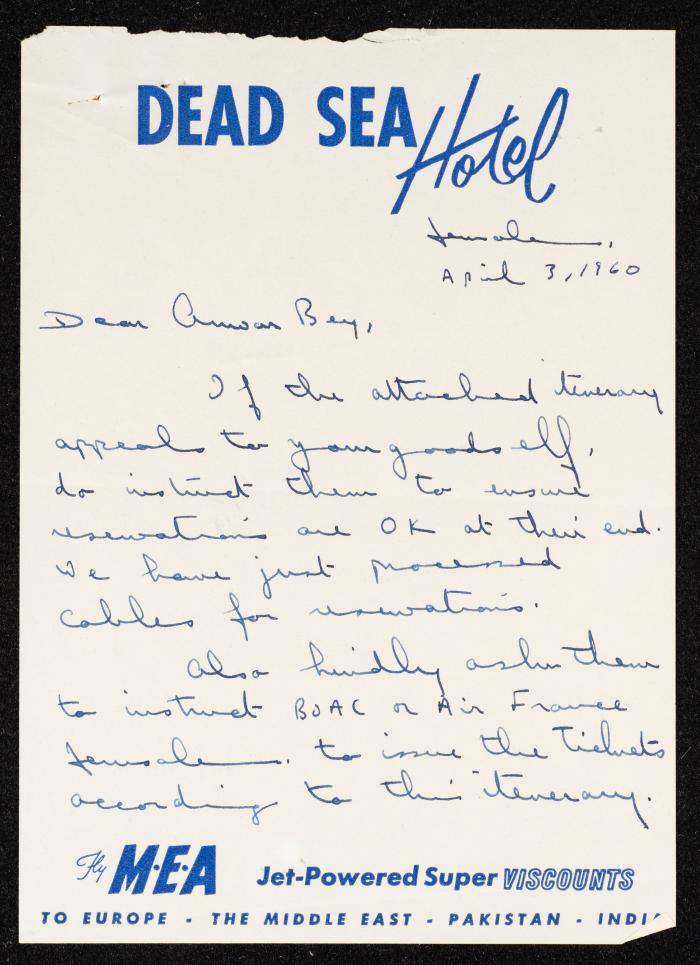 A Letter Addressed to Anwar Nusseibeh, 3 April 1960