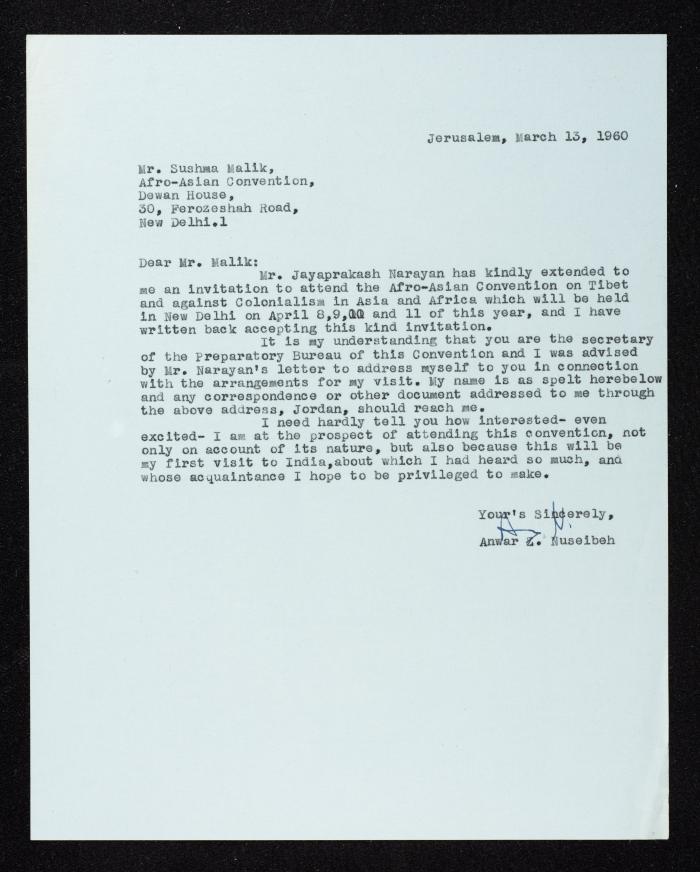 A Letter from Anwar Nusseibeh to Sushma Malik, Jerusalem, 13 March 1960