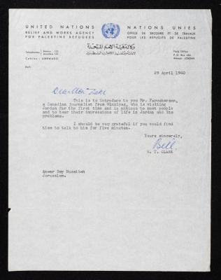 A Letter from W. T. Clark to Anwar Nusseibeh, Amman, 29 April 1960
