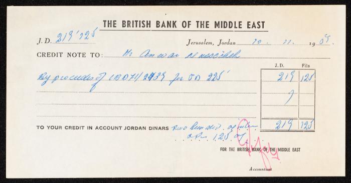 إشعار دائن صادر عن البنك البريطاني للشرق الأوسط  باسم أنور نسيبة، القدس، 1964 