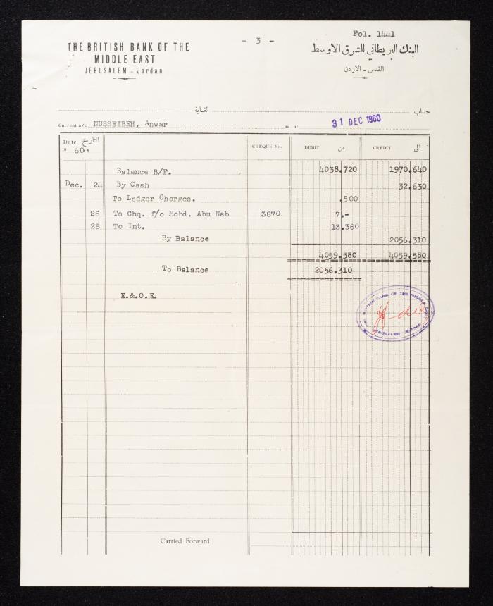 An Account Statement by the British Bank of the Middle East for Anwar Nusseibeh, Jerusalem, 1960