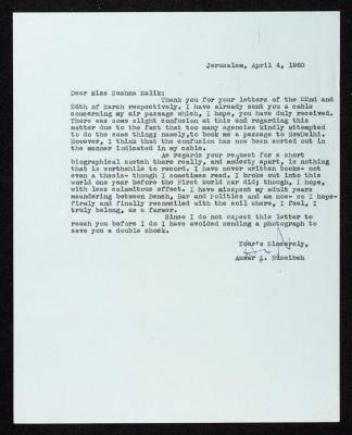 A Letter from Anwar Nusseibeh to Sushma Malik, Jerusalem, 4 April 1960