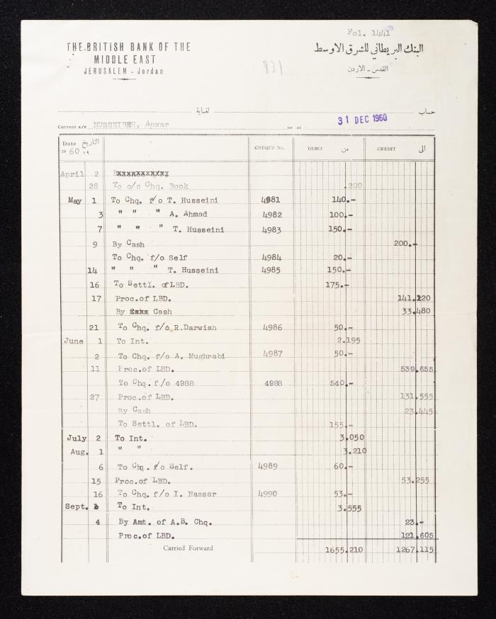 An Account Statement by the British Bank of the Middle East for Anwar Nusseibeh, Jerusalem, 1960