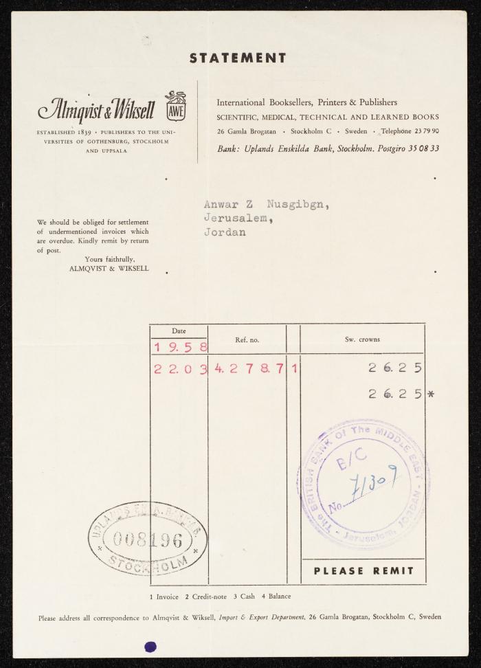 An Invoice by Almqvist and Wiskell Publishing for Anwar Nusseibeh, Sweden