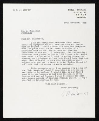 A letter From Van Lennep Anwar Nusseibeh, Beirut, 18 December 1959
