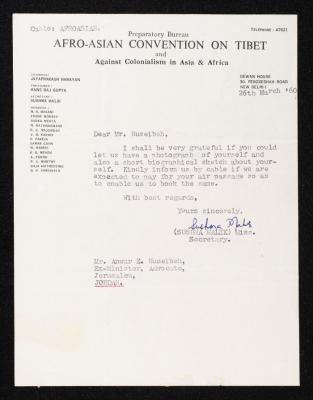 A Letter from Sushma Malik to Anwar Nusseibeh, New Delhi, 26 March 1960