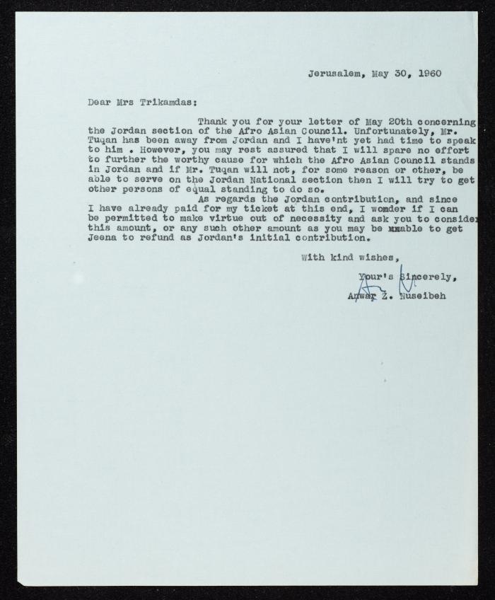 A Letter from Anwar Nusseibeh to Leela Trikamadas, Jerusalem, 30 May 1960
