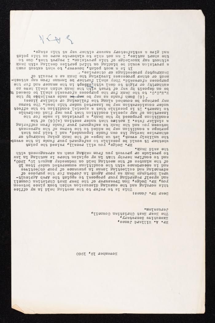 A Letter from Anwar Nusseibeh to A. Willard Jones, Jerusalem, 19 November 1960