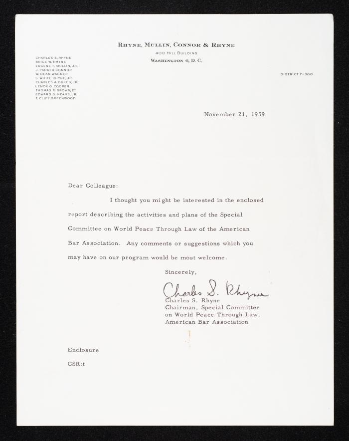 A Letter from Charles Rhyne to Anwar Nusseibeh, Washington, 21 November 1959