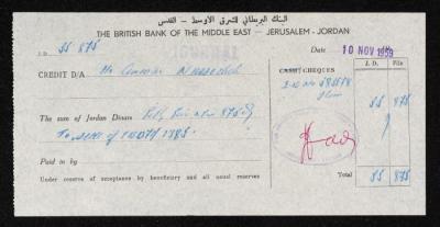A Cheque by the British Bank of the Middle East for Anwar Nusseibeh, Jerusalem, 1959