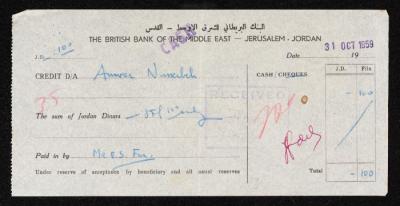 A Cheque by the British Bank of the Middle East for Anwar Nusseibeh, Jerusalem, 1959