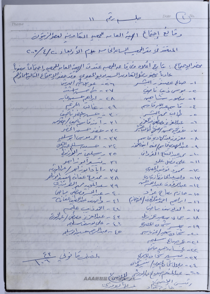 محضر اجتماع للهيئة العامة للجمعية التعاونية لعصر الزيتون في سلفيت، 20 نيسان 2005