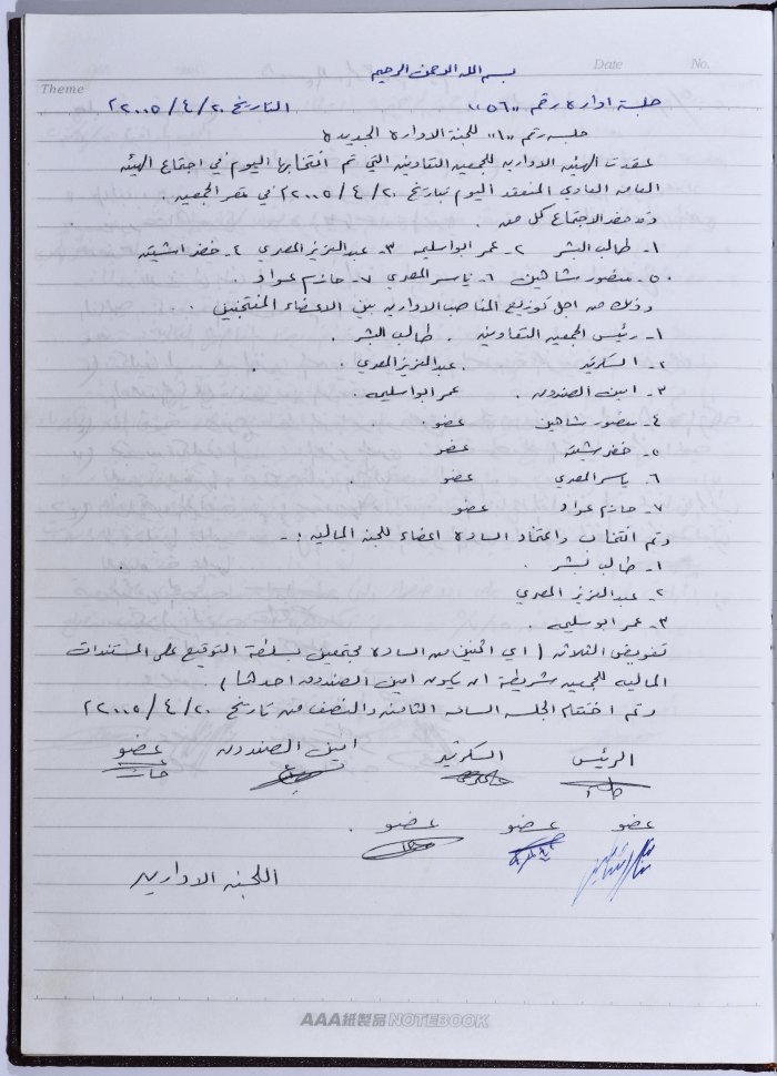 محضر اجتماع للهيئة الإدارية للجمعية التعاونية لعصر الزيتون في سلفيت، 20 نيسان 2005