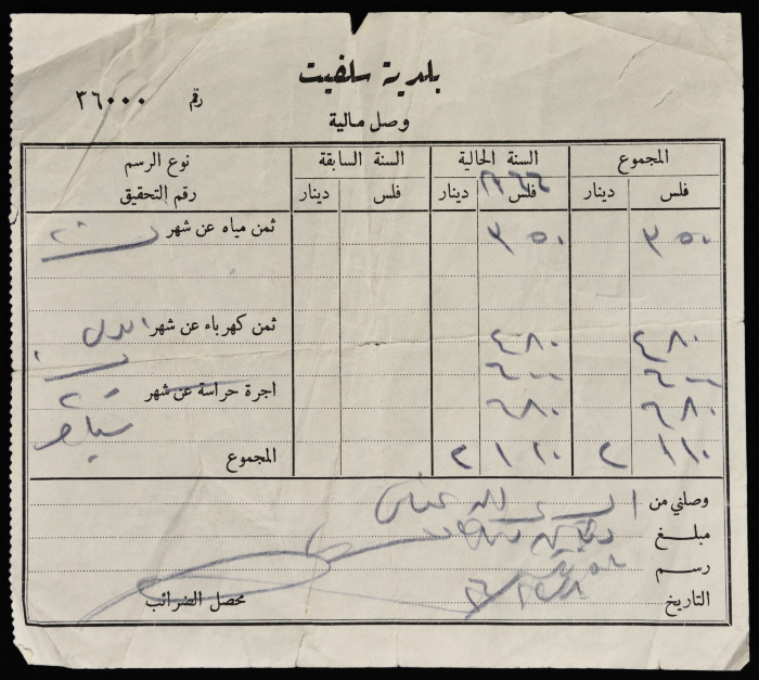 A Service Tax Receipt from Salfeet Municipality to Abdullah Afaneh, December 1976
