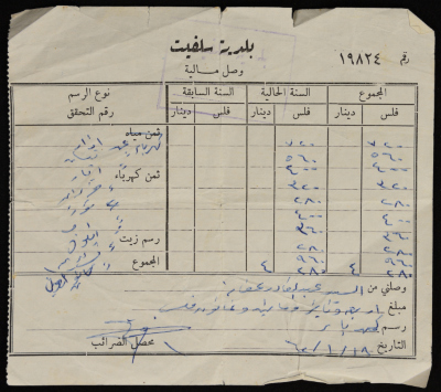A Service Tax Receipt from Salfeet Municipality to Abdullah Afaneh, January 1962
