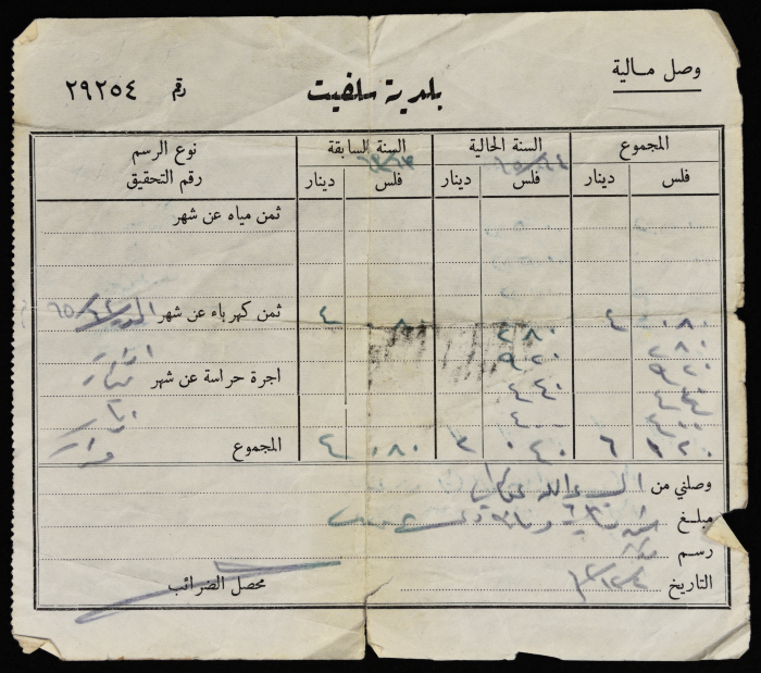 A Service Tax Receipt from Salfeet Municipality to Abdullah Afaneh, December 1962
