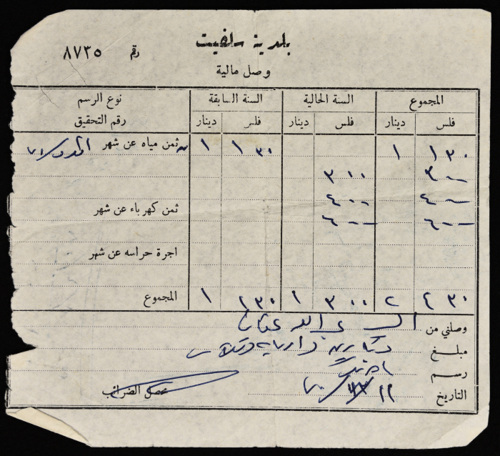 A Service Tax Receipt from Salfeet Municipality to Abdullah Afaneh, December 1970
