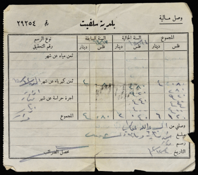 A Service Tax Receipt from Salfeet Municipality to Abdullah Afaneh, December 1962
