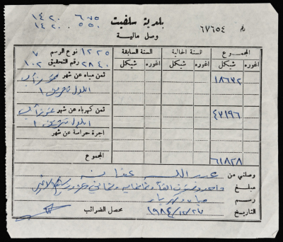 A Service Tax Receipt from Salfeet Municipality to Abdullah Afaneh, December 1984
