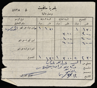 A Service Tax Receipt from Salfeet Municipality to Abdullah Afaneh, December 1970
