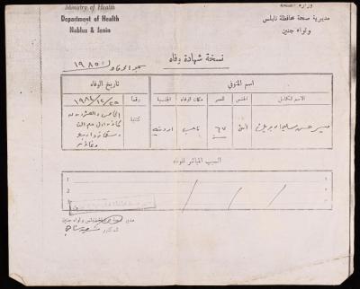 "Death Certificate" of Myassar Ibraik, the Ministry of Health, 25 December 1984