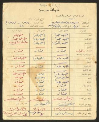 شهادة الصف الرابع لشريف مصاروة صادرة عن مدرسة باقة الغربية 