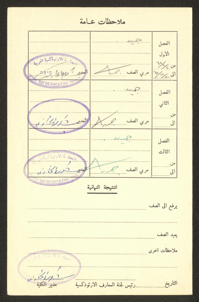 Sharif Masarweh's Report Card Issued by the Arab Orthodox College, 1968 -1969