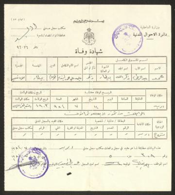 A "Death Certificate" Issued for Muhammad Bittar by the Department of Civil Affairs, 19 July 1984 