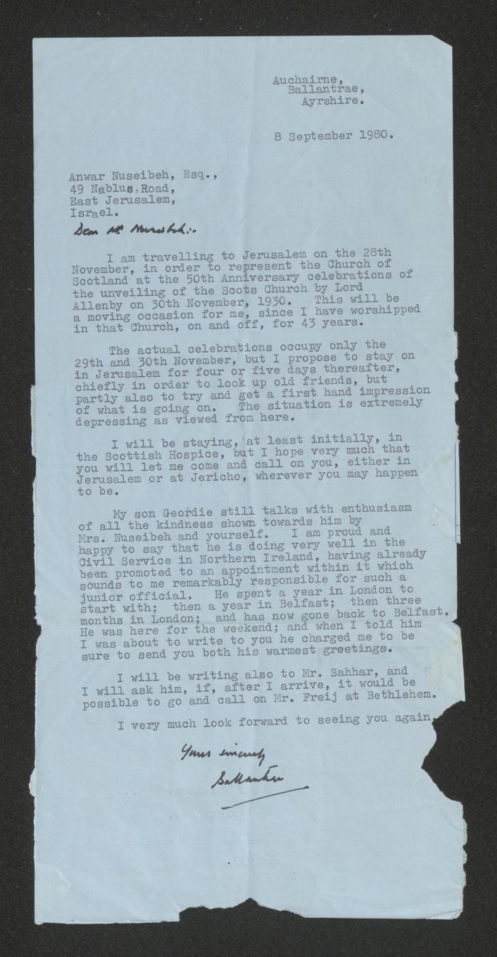 A Letter from Bernard Ferguson to Anwar Nusseibeh, Scotland, 8 September 1980