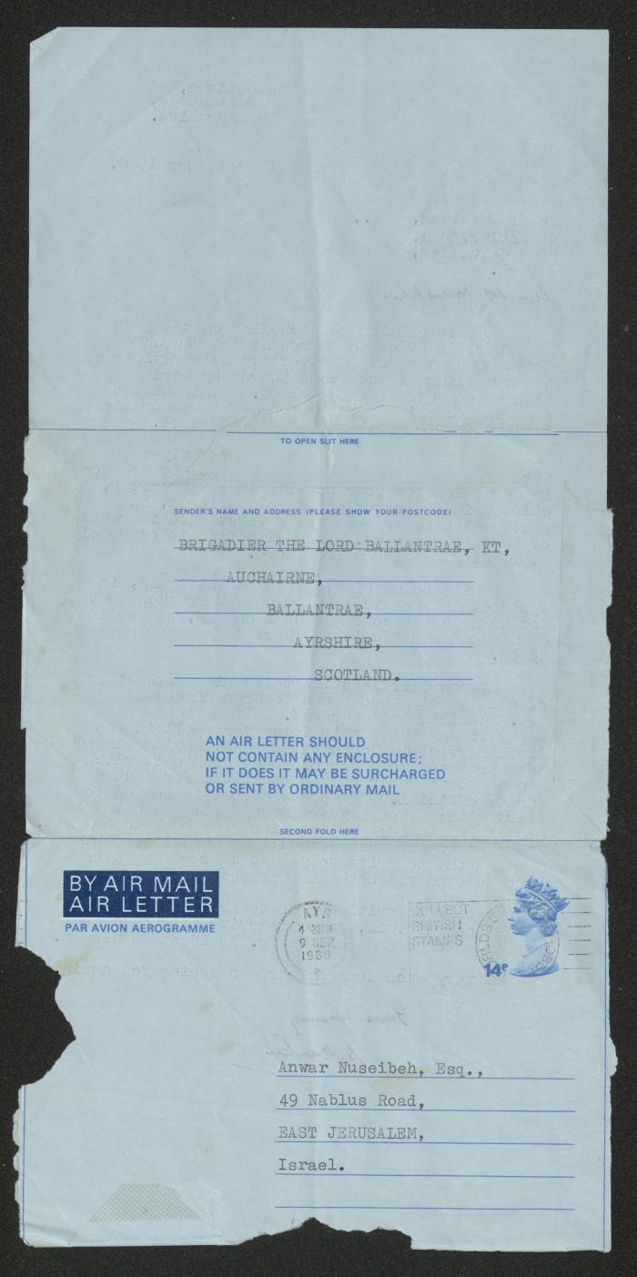 A Letter from Bernard Ferguson to Anwar Nusseibeh, Scotland, 8 September 1980