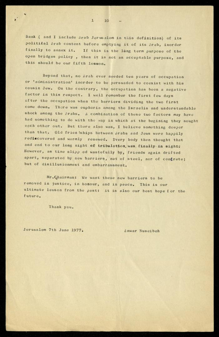 مسودة خطاب لأنور نسيبة، 7 حزيران 1977