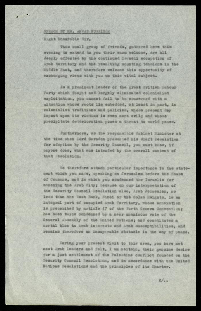 The Text of a Speech by Anwar Nusseibeh