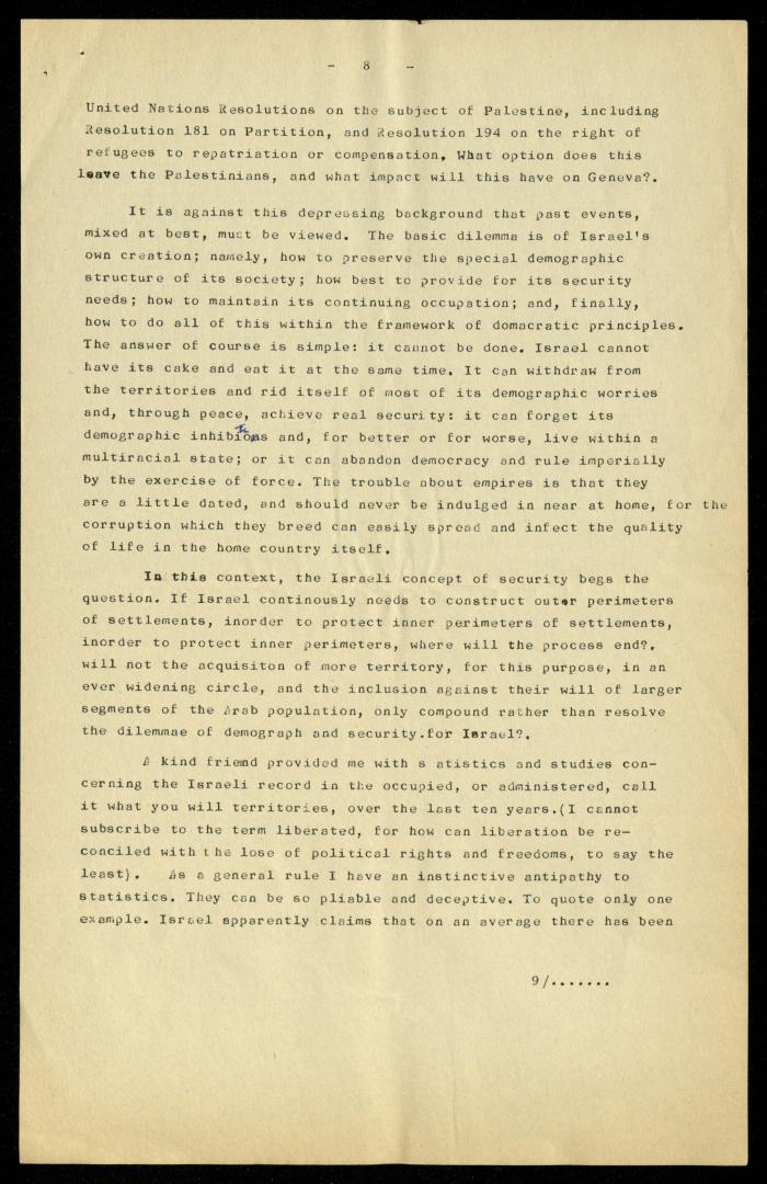 مسودة خطاب لأنور نسيبة، 7 حزيران 1977