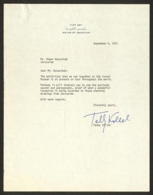 A Letter from Teddy Kollek to Anwar Nusseibeh, Jerusalem, 4 September 1973