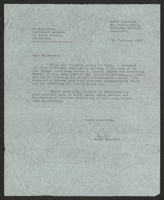 رسالة من أنور نسيبة إلى آي. بيرمان، القدس، 22 شباط 1975 
