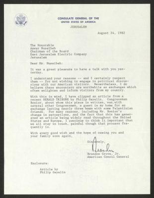 A Letter from Brandon Grove to Anwar Nusseibeh, Jerusalem, 24 August 1982