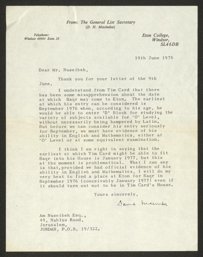 A Letter from D. H. Macindoe to Anwar Nusseibeh, England, 19 June 1975
