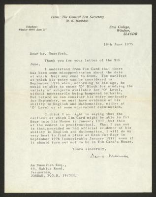 A Letter from D. H. Macindoe to Anwar Nusseibeh, England, 19 June 1975